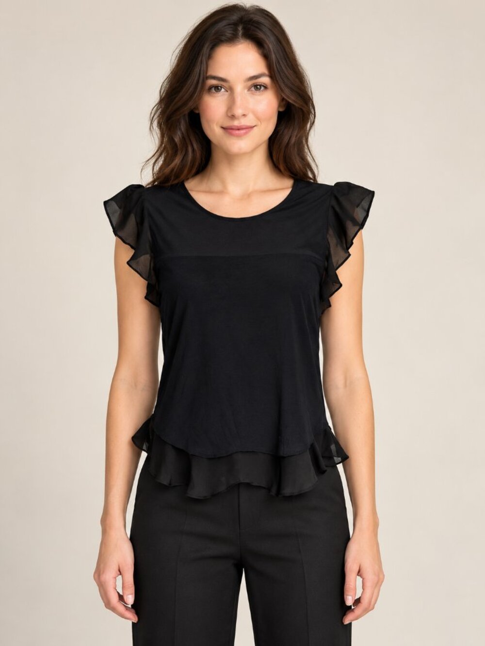 J.Crew Black Sheer Blouse XS Flutter Cap Sleeves Ruffle Hem Dressy Top